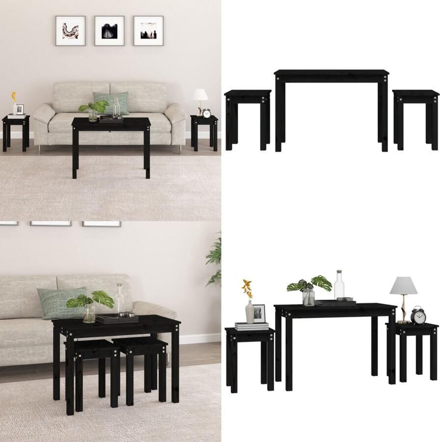 VidaXL -Tafeltjesset-3-st-massief-grenenhout-zwart - Foto 3