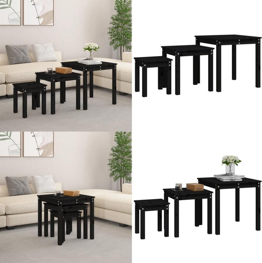 VidaXL -Tafeltjesset-3-st-massief-grenenhout-zwart - Foto 3