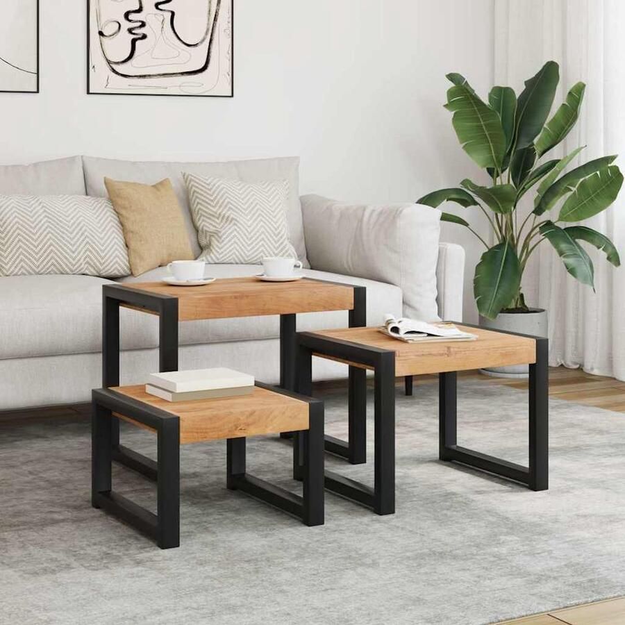 VidaXL Tafeltjesset 3 st massief hout Bijzettafels Vintage Meubelen Massief Hout Acaciahout Sidetable Stoere Meubels Design Meubelen Living Room Furniture