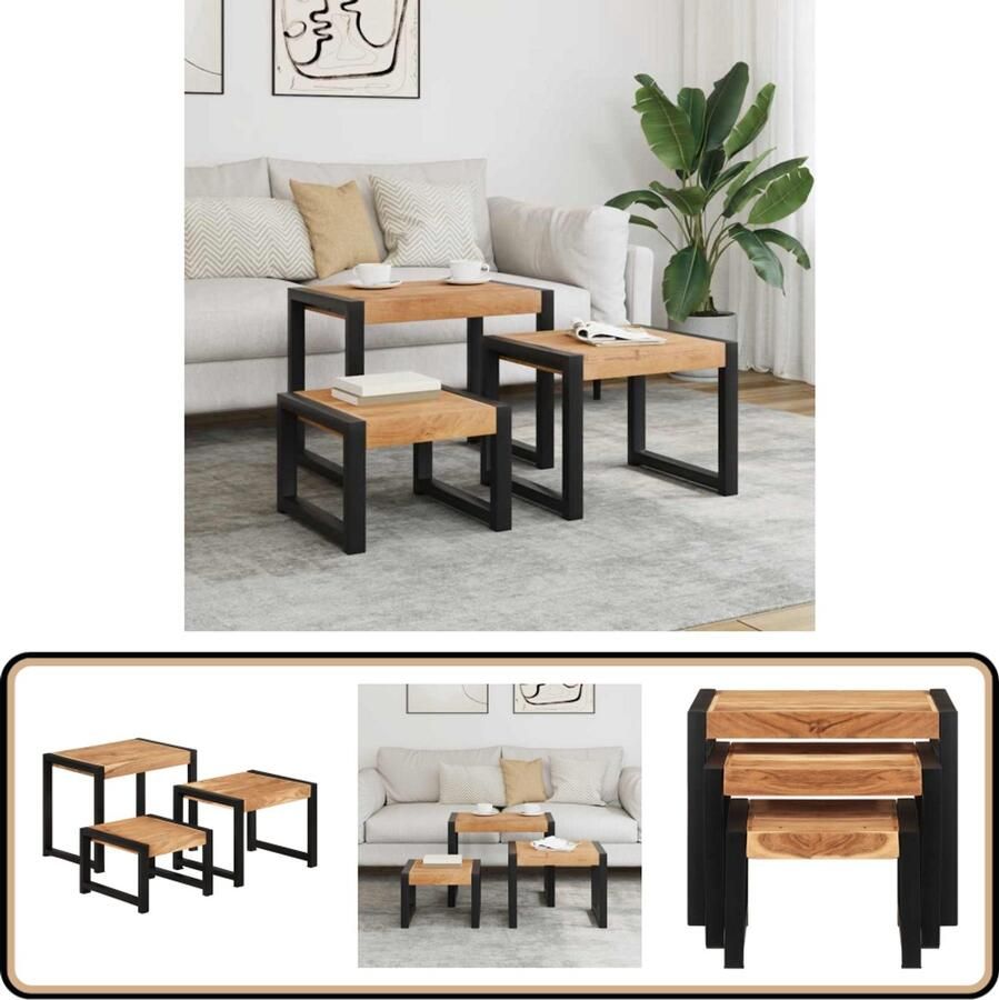 VidaXL Tafeltjesset 3 st massief hout Bijzettafels Vintage Meubelen Massief Hout Acaciahout Sidetable Stoere Meubels Design Meubelen Living Room Furniture - Foto 2