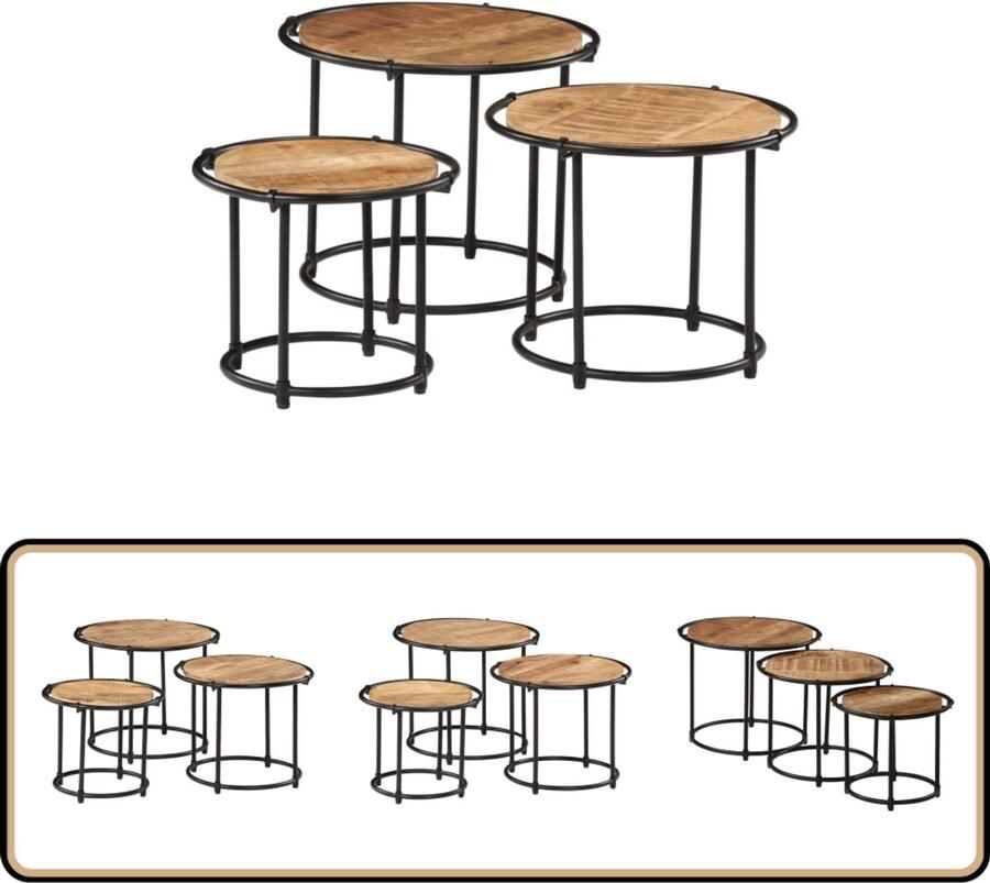 VidaXL Tafeltjesset Massief Mangohout 3 Stuks Mango Houten Tafeltjes Bijzettafels Salontafels Nestkasten Kleine Tafels Bruine Tafels Vintage Tafels Stoere Tafels