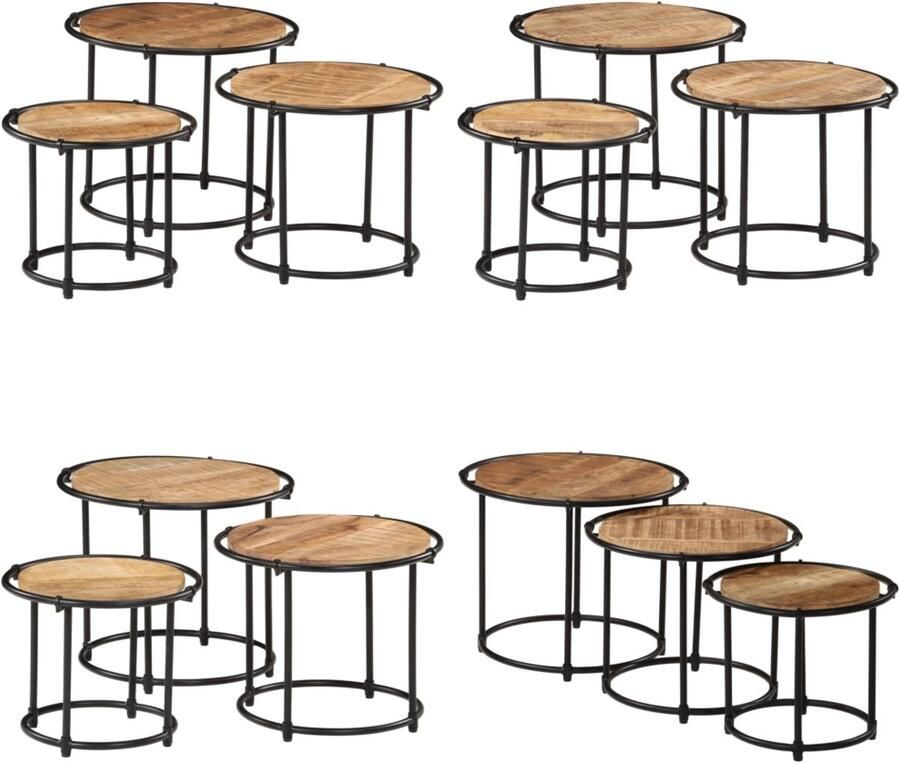 VidaXL Tafeltjesset 3 st massief ruw mangohout Nesttafel Nesttafels Bijzettafel Banktafel