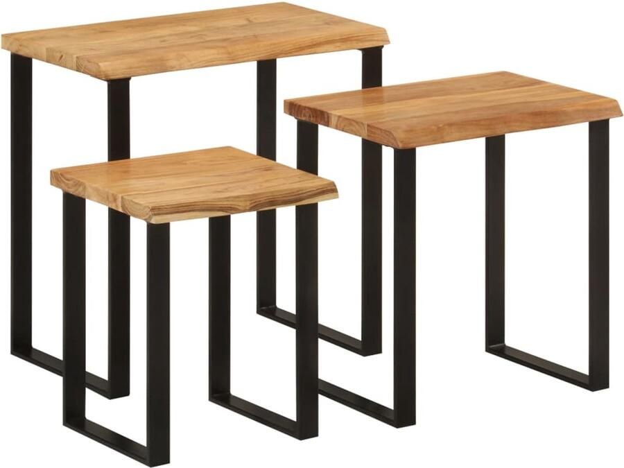 The Living Store Tafeltjesset 3 st met natuurlijke rand massief acaciahout Tafelses Acacia Houten Meubilair Salontafel Binnentafeltje Nestkasten