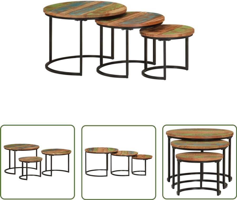 VidaXL Tafeltjesset 3 stuks Massief gerecycled hout Klassieke Tafels Stapeltafels Bijzet Tafels Salontafels Houten Meubelen Recycled Wood Furniture Vintage Stijl Decoratieve Tafels Kleine Tafels