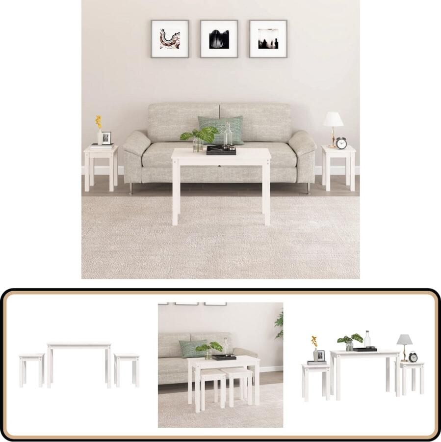 VidaXL Tafeltjesset 3 stuks Massief Grenenhout Wit Houten Tafeltjes Nesttafels Bijzettafels Salontafel Kamermeubilair