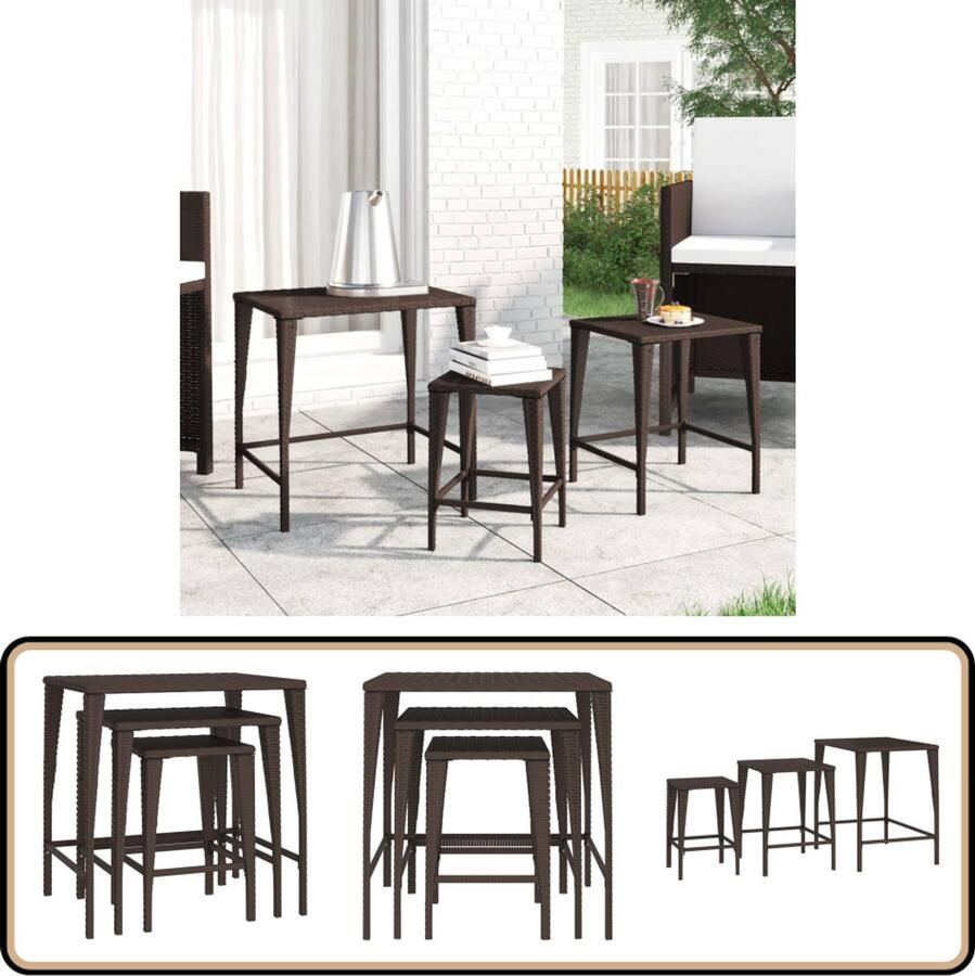 VidaXL Tafeltjesset 3 stuks Poly Rattan Bruin Salontafel Bistrotafel Set Tafels Nestkasten Buitentafels