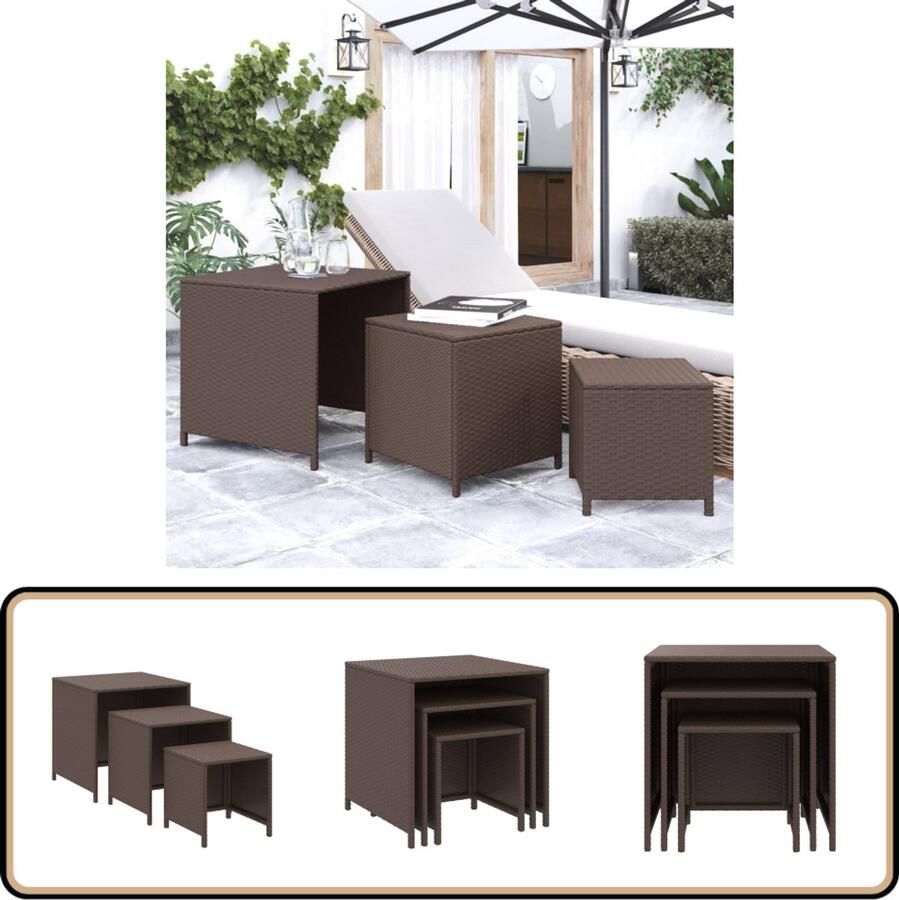 VidaXL Tafeltjesset 3 stuks Poly Rattan Bruin Tuin Bijzettafel Salontafel Set Nest Tafels Buitentafel Patio Tafel