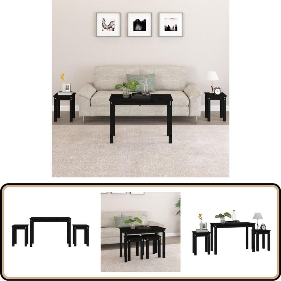 VidaXL -Tafeltjesset-3-st-massief-grenenhout-zwart - Foto 2