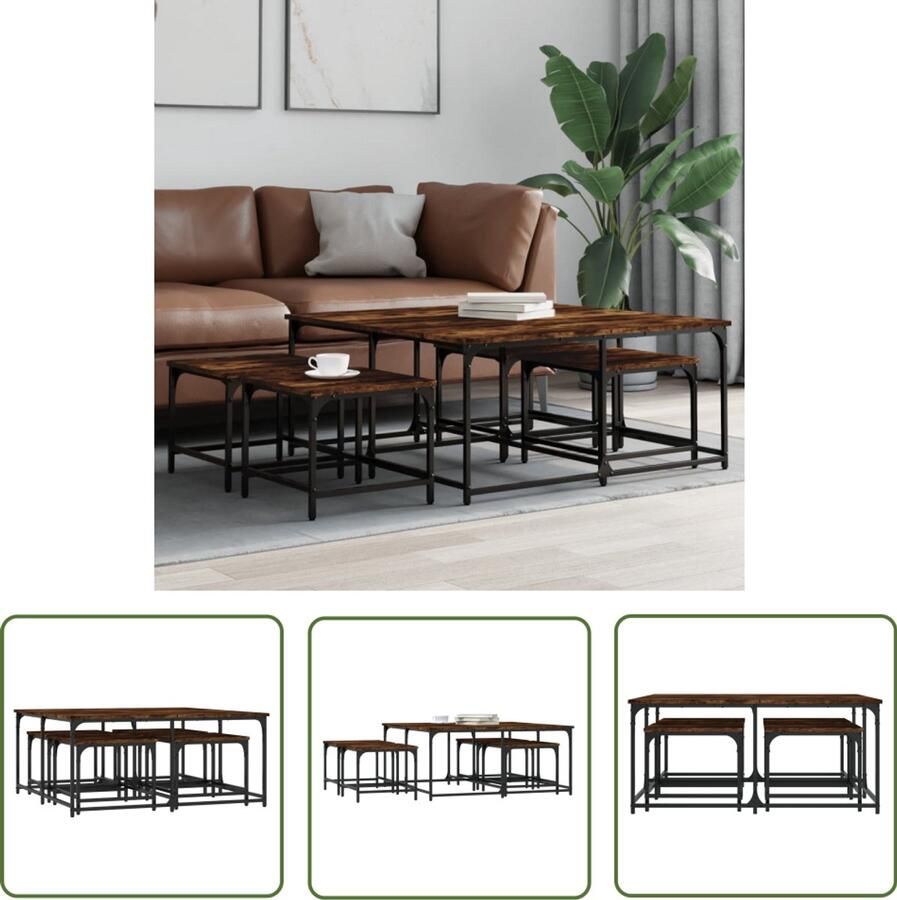 VidaXL Tafeltjesset 5-delig Gerookt Eiken Salontafel Bijzettafel Koffietafel Nestkasten Houten Meubilair Multifunctioneel Meubel Livingroom Furniture Huiskamermeubelen