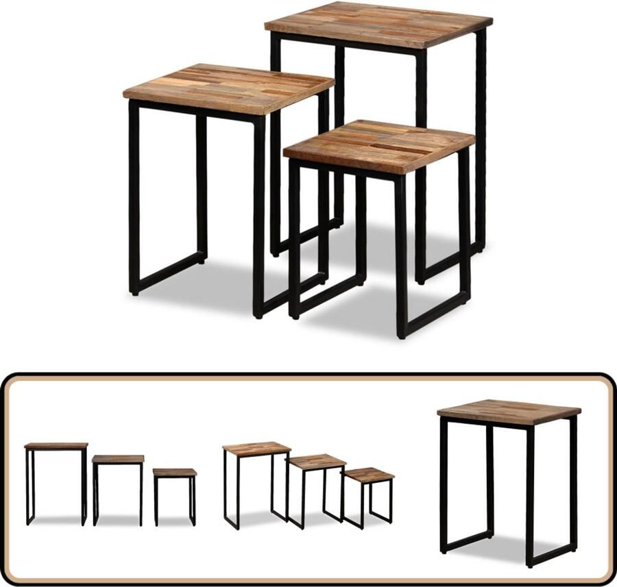 VidaXL Tafeltjesset Gerecycled Teakhout 3-delig Industriele Salontafel Set TeaKhouten Salontafel Vintage Salontafel Industrieel Meubilair