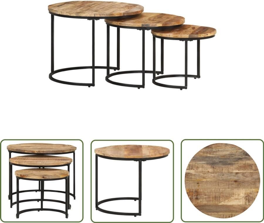 VidaXL Tafeltjesset van Mangohout 3 Delig Bijzettafels Houten Meubilair Salontafeltjes Mango Wood Furniture Bruine Meubelen Kleine Tafels Multifunctionele Tafels Nest Of Tables