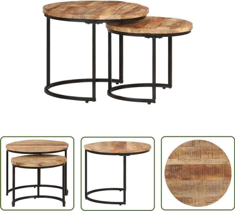 VidaXL Tafeltjesset van Ruw Mangohout 2-delig Bijzettafel Houten Bijzet Tafels Mango Wood Meubilair Bruine Bijzettafels Salontafel Kleine Tafel Woonaccessoires