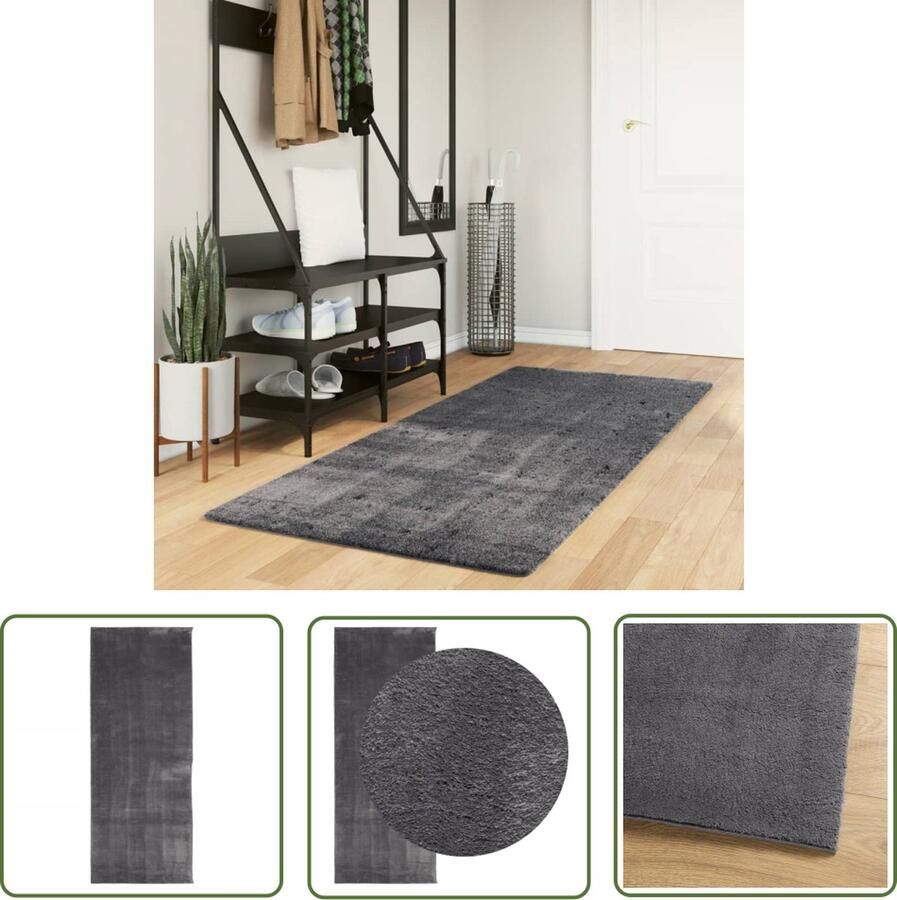 The Living Store Vloerkleed HUARTE laagpolig zacht wasbaar 80x200 cm antraciet Vloerkleed Tapijt Huiskamertapijt Woonkamerdecoratie Anthraciethoudend