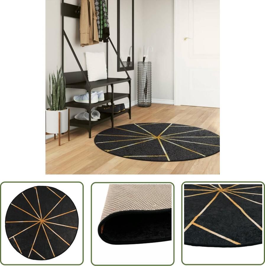 The Living Store Vloerkleed wasbaar anti-slip Ø 120 cm zwart en goudkleurig Vloerkleed Tapijten Zwarte Vloerkleed Gouden Vloerkleed Ronde Vloerkleed