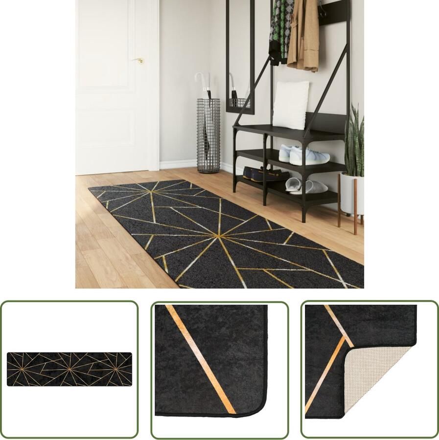 The Living Store Tapijt Zwart en Goud 80 x 300 cm Antislip Geluidsabsorberend Vloerkleed Tapijten Design Vloerkleed Luxe Vloerkleed Anti Slip Vloerkleed