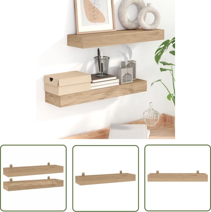 The Living Store Wandschappen 2 st 60x15x4 cm massief teakhout Houten Wanddecoratie Teak Hout Wandplank Wandmontage Opslagoplossing