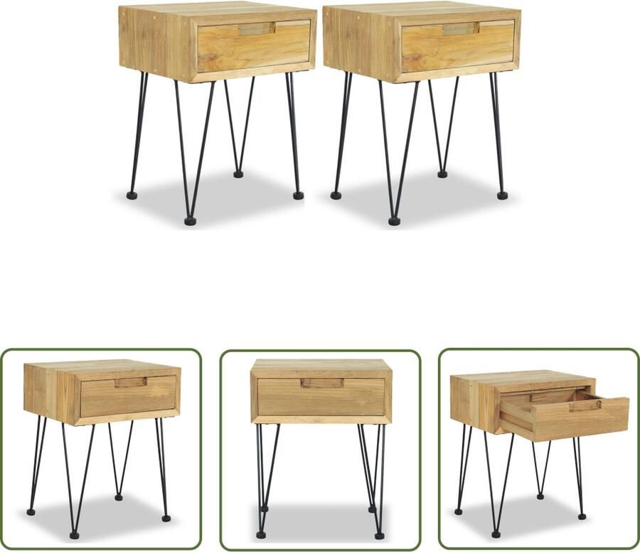 The Living Store Koloniale Nachtkastjes Set van 2 Massief Teakhout 40x30x50cm Smeedijzeren Poten Nachtkastjes Teak Hout Koloniale Stijl Smeedijzeren Poten Slaapkamers - Foto 2