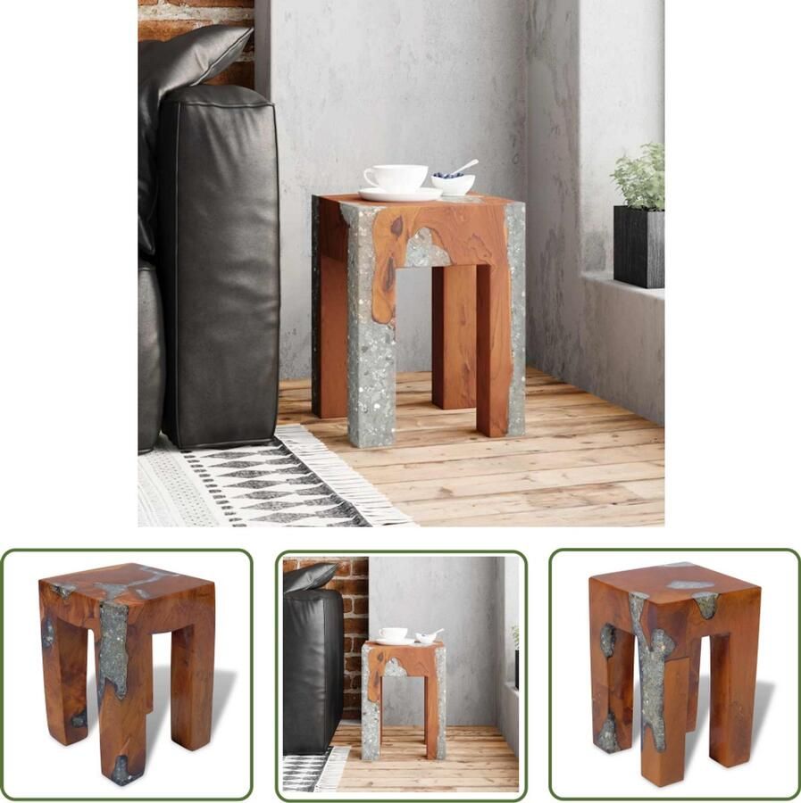 The Living Store Kruk Rustieke Charme Massief teakhout 30x30x40 cm Handgemaakt Krukkendesign Teak Meubilair Vintage Kruk Industriële Kruk Stoere Kruk - Foto 2