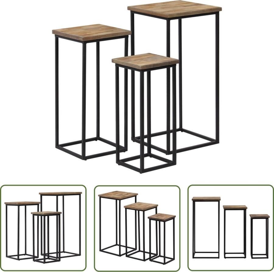 The Living Store Plantentafelset Teakhout Industrieel design Verschillende maten Plantentafel Teak Meubilair Industriele Styling Salontafel Bijzetkastje - Foto 2