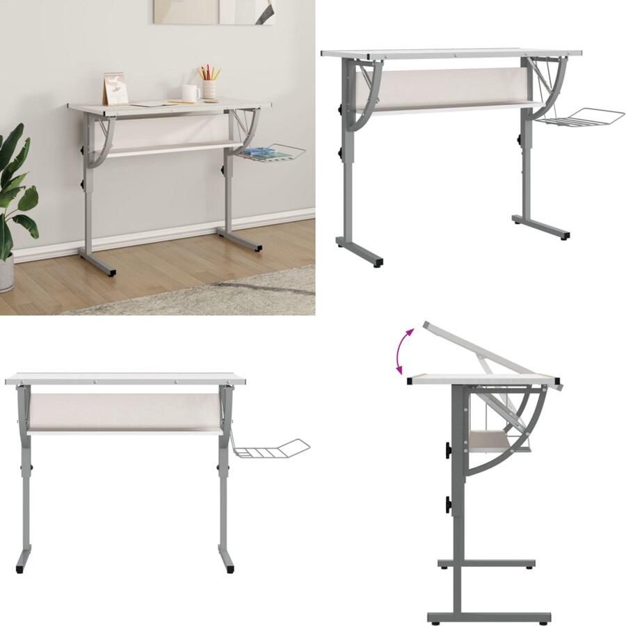 VidaXL Tekentafel 110x53x(58-87) cm bewerkt hout en staal wit grijs Tekentafel Tekentafels Knutselbureau Bureau