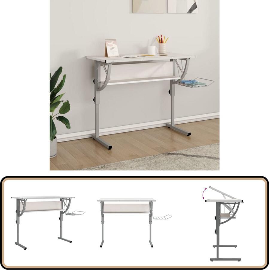 VidaXL Tekentafel 110x53x(58-87) cm Wit Grijs Schrijftafel Tekentafel Bureaus Studentenbureaubureau Home Office Houten Bureau Witte Bureau