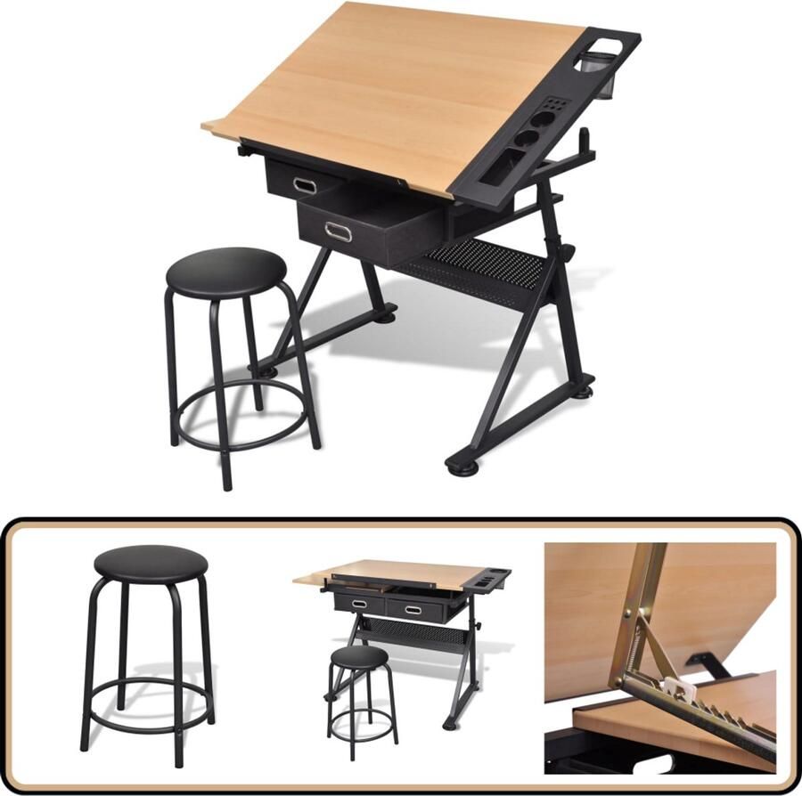 VidaXL Tekentafel met 2 lades en kruk verstelbaar Bureau Computerbureau Computer Bureau PC Bureau