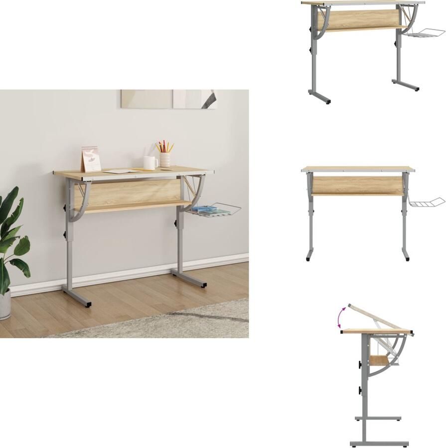 VidaXL Tekentafel Tekentafels Knutselbureau Bureau Tekentafel 110x53x(58-87) cm bewerkt hout en staal eiken grijs