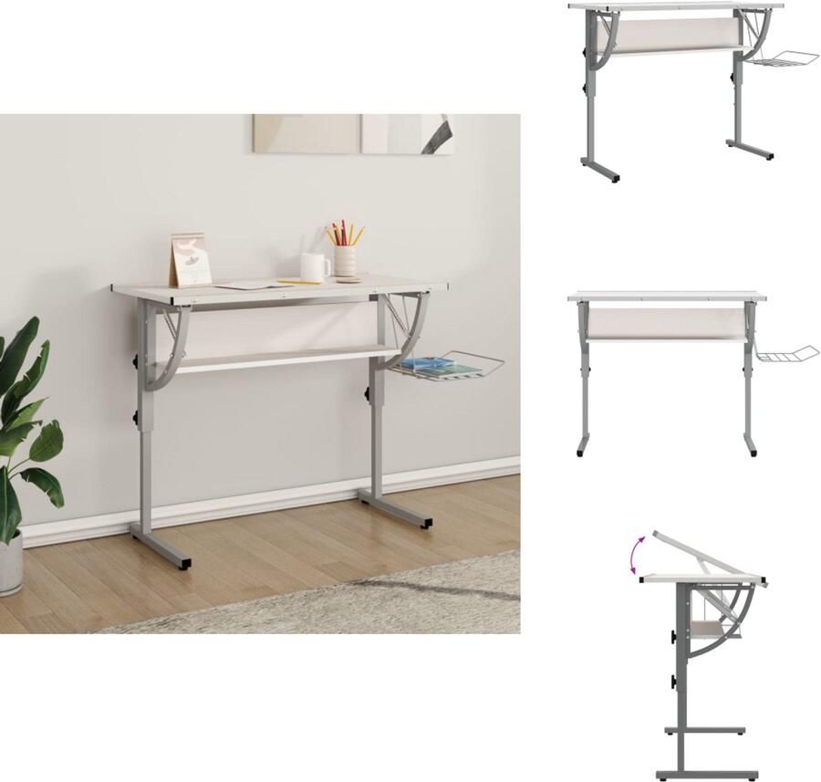 VidaXL Tekentafel Tekentafels Knutselbureau Bureau Tekentafel 110x53x(58-87) cm bewerkt hout en staal wit grijs