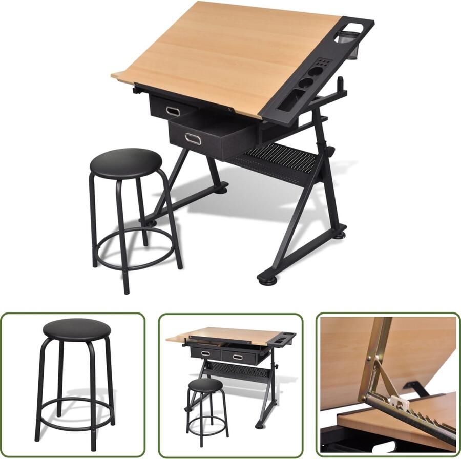 VidaXL Bureau Computerbureau Computer Bureau PC Bureau Tekentafel met 2 lades en kruk