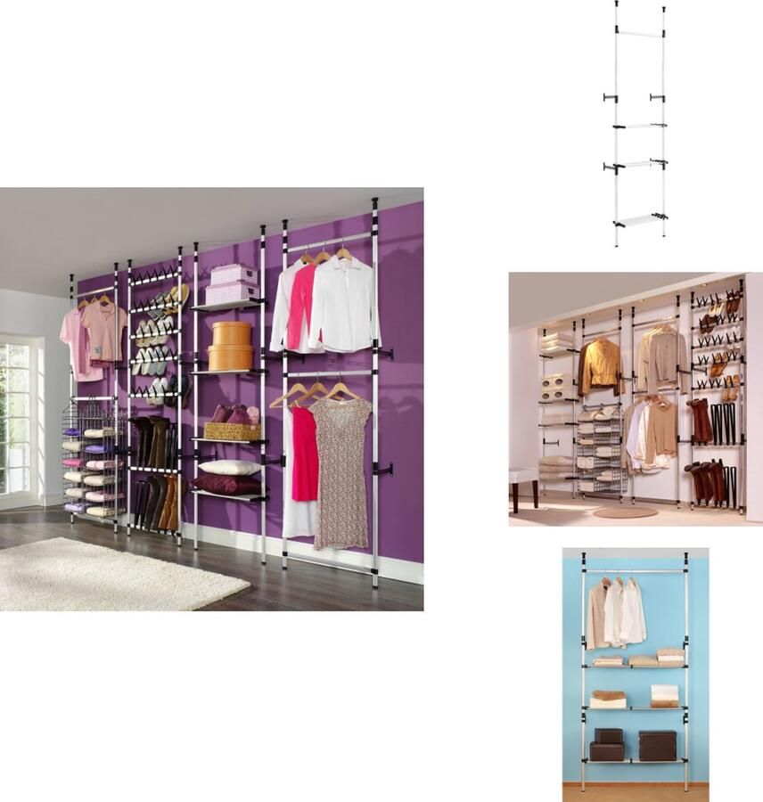 VidaXL Telescopisch Garderobesysteem Telescopische Garderobesystemen Telescopisch Kastsysteem Telescopische Kastsystemen Kledingkastsysteem met stangen en schap telescopisch aluminium