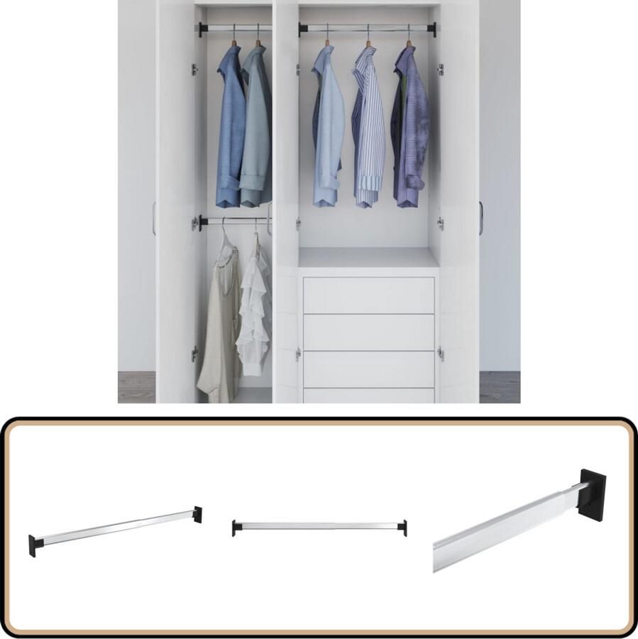 VidaXL Telescopische Kledingroedes Zilver 58-100cm Telescopische Kledingroede Kledinghanger Garderobe Organizer Kastinrichting Aluminium Kledingroede