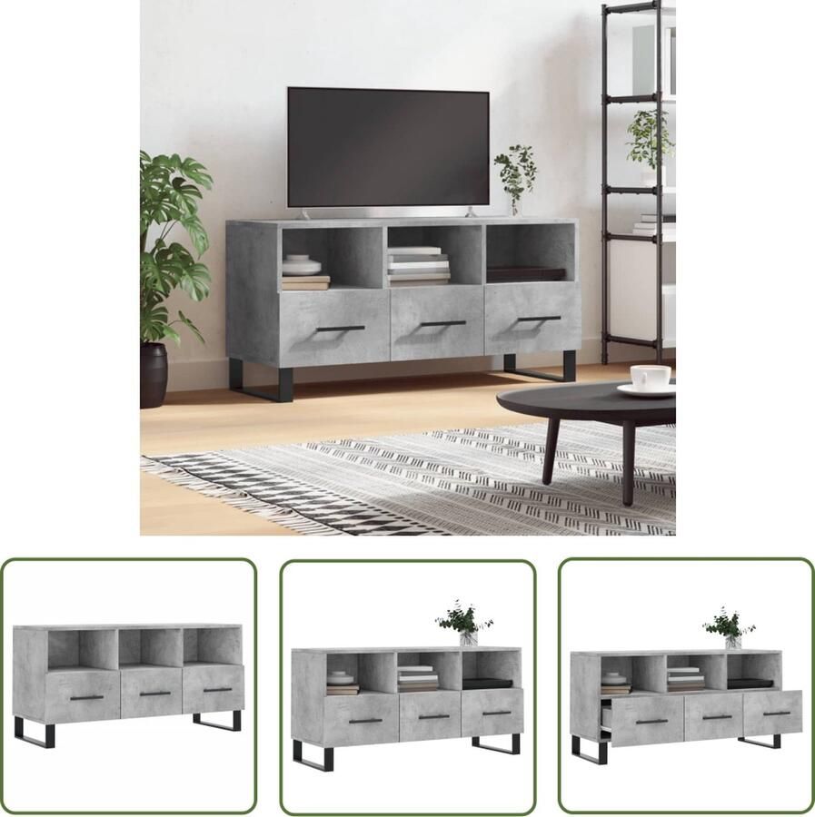 The Living Store Tv-meubel Betongrijs 102x36x50 cm Stevig Bewerkt hout en IJzer Tv Kast Televisiemeubel Houten Tv Stand Beton Grijs Modern Tv Meubel - Foto 2