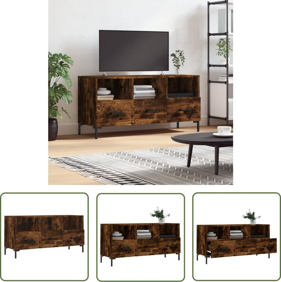 The Living Store TV-meubel Gerookt eiken 102 x 36 x 50 cm Bewerkt hout en ijzer Tv Kast Televisiemeubel Houten Tv Stand Bruine Tv Tafel Living Room Furniture - Foto 3