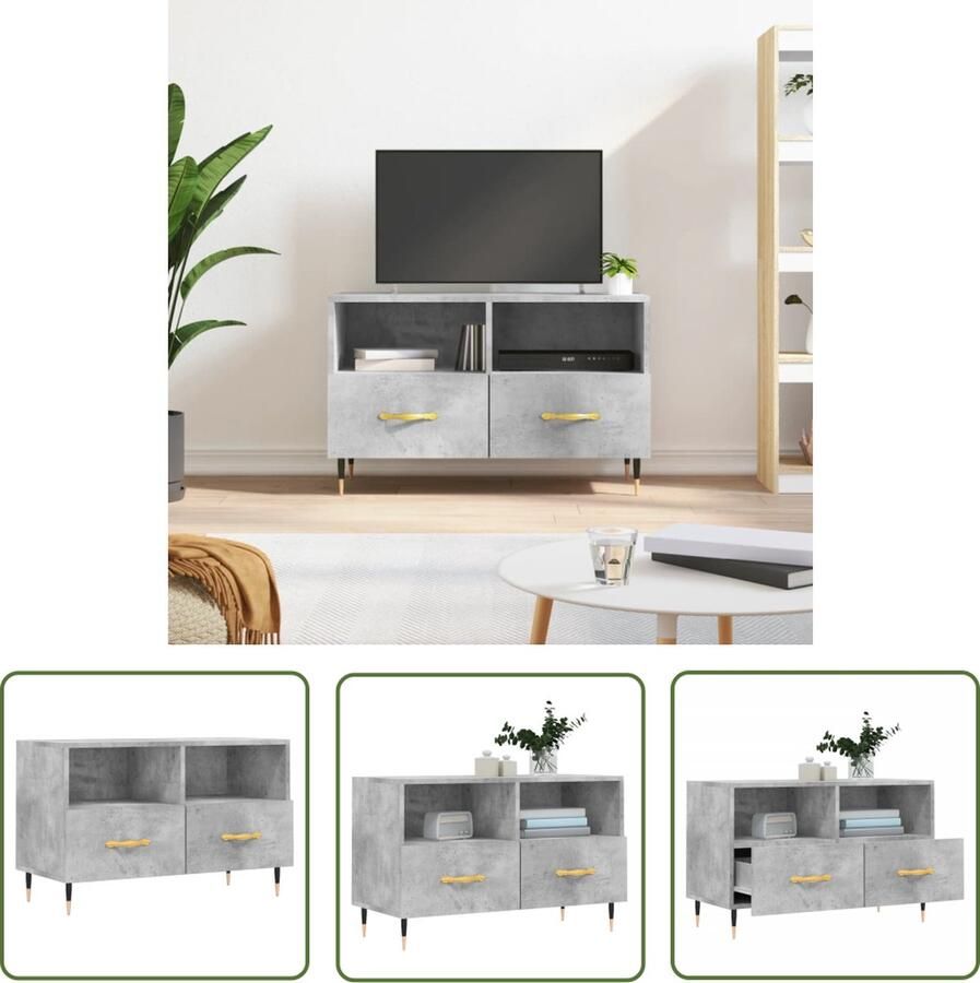 The Living Store Televisie Meubel Betongrijs 80 x 36 x 50 cm Bewerkt hout en ijzer Tv Kast Televisiemeubel Beton Grijs Houten Tv Stand Mediaca Standee - Foto 2