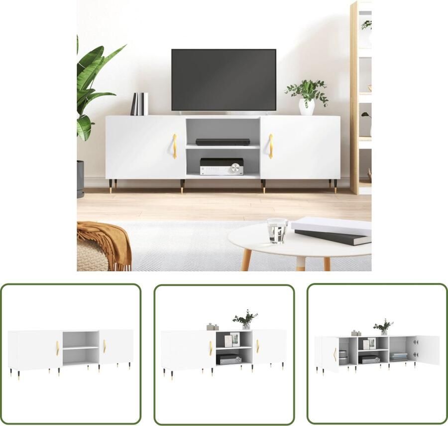 The Living Store TV-meubel wit 150 x 30 x 50 cm bewerkt hout en ijzer Tv Kast Televisiesecretaris Houten Tv-meubel Witte Tv-standaard Tv Stand - Foto 2