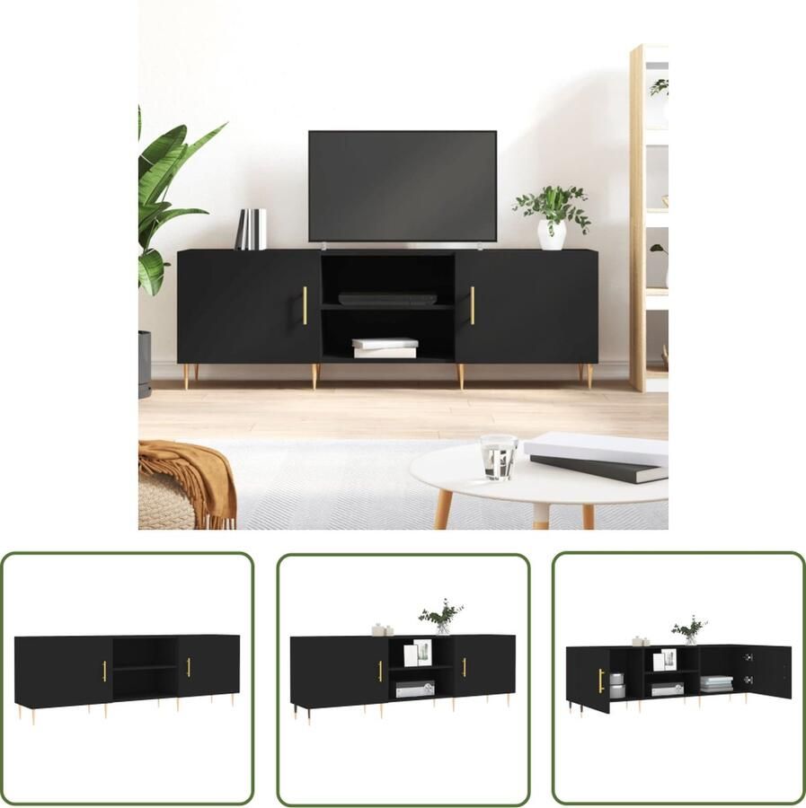 The Living Store TV-meubel Zwart 150 x 30 x 50 cm Stevig bewerkt hout en ijzer Tv Kast Televisiesecretaris Houten Tv Stand Zwart Tv Meubel Tv Tafel - Foto 2