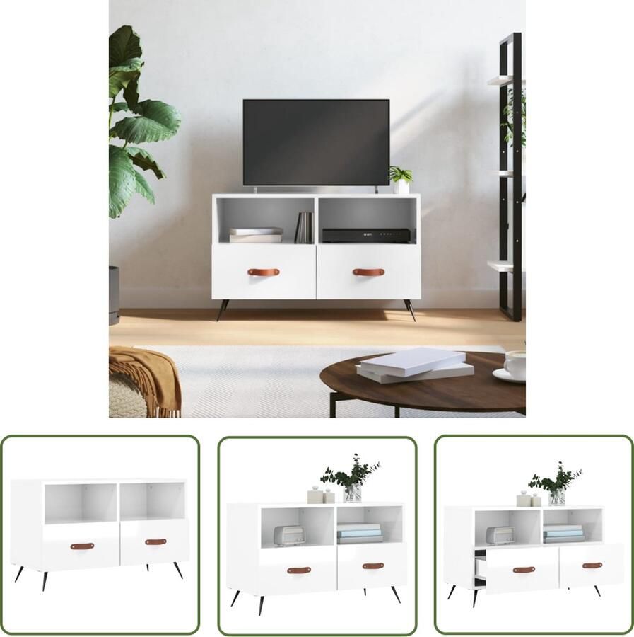 The Living Store TV-meubel Hoogglans wit 80 x 36 x 50 cm Bewerkt hout en ijzer Tv Kast Televisiesecretaris Houten Tv-meubel Wit Tv-meubel Livingroom Furniture - Foto 5