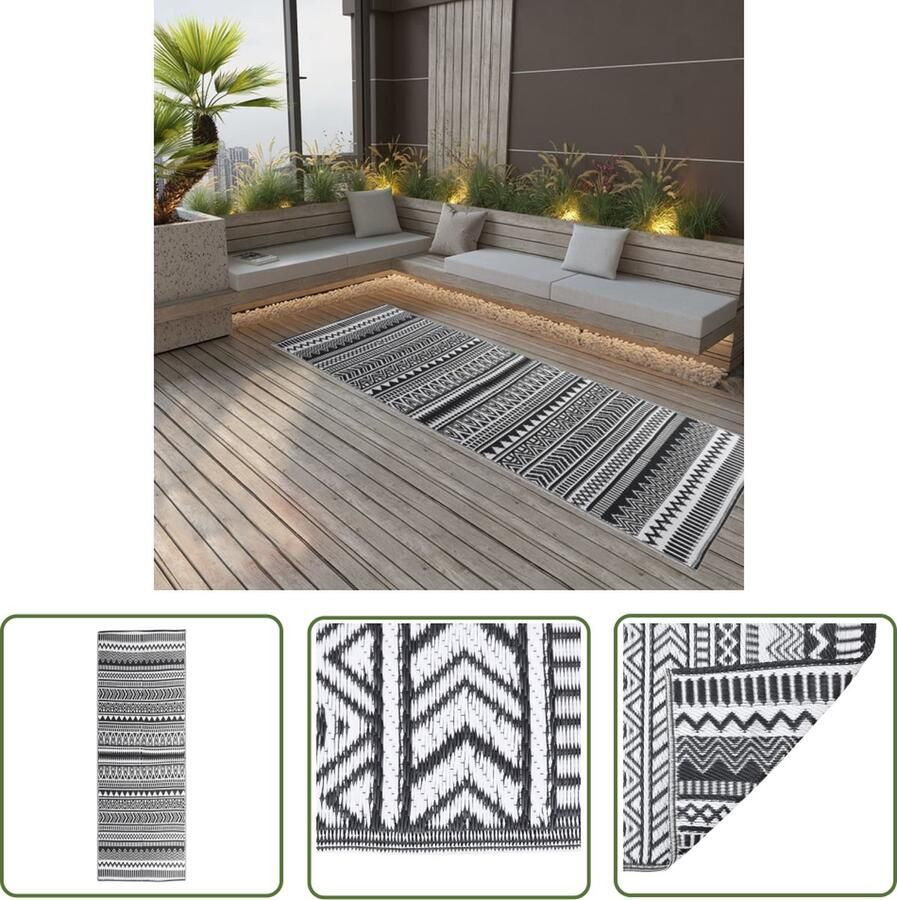 The Living Store Buitenkleed ARAKIL 80x250 cm polypropeen zwart Tuintapijt Buitenkleed Patio Tapijt Veranda Vloerbedekking Polypropylene Tapijt