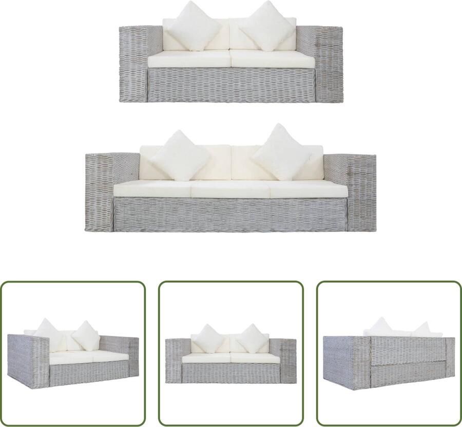 VidaXL The Living Store 2-delig Bankstel met kussens natuurlijk rattan grijs Bank - Foto 2