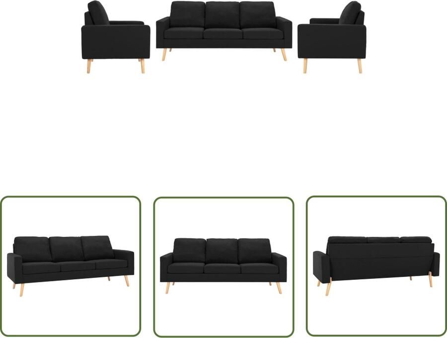The Living Store Bankenset Zwarte stoffen bekleding Houten frame Comfortabele zitervaring Set van 1 fauteuil 1 tweezitsbank en 1 driezitsbank Afmetingen- 77 x 71 x 80 cm 130 x 76 x 82.5 cm 184 x 76 x 82.5 cm