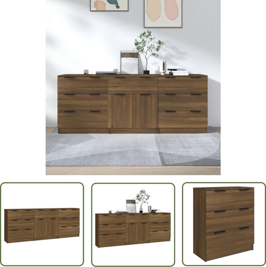 VidaXL The Living Store 3-delige Dressoirs bewerkt hout bruin eikenkleur Dressoir Bruine Eiken Houten Dressoir Opbergmeubels Woonkamer Meubilair