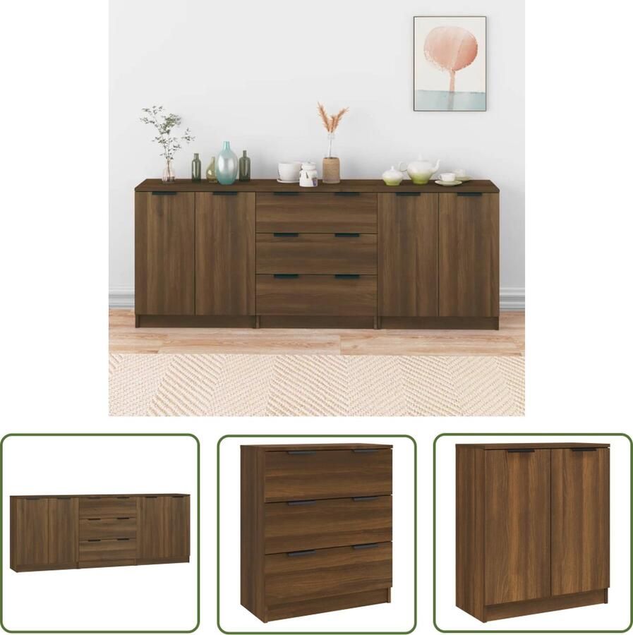 VidaXL The Living Store 3-delige Dressoirs bewerkt hout bruin eikenkleur Dressoir Meubel Houten Dressoir Bruine Eik Vintage Dressoir