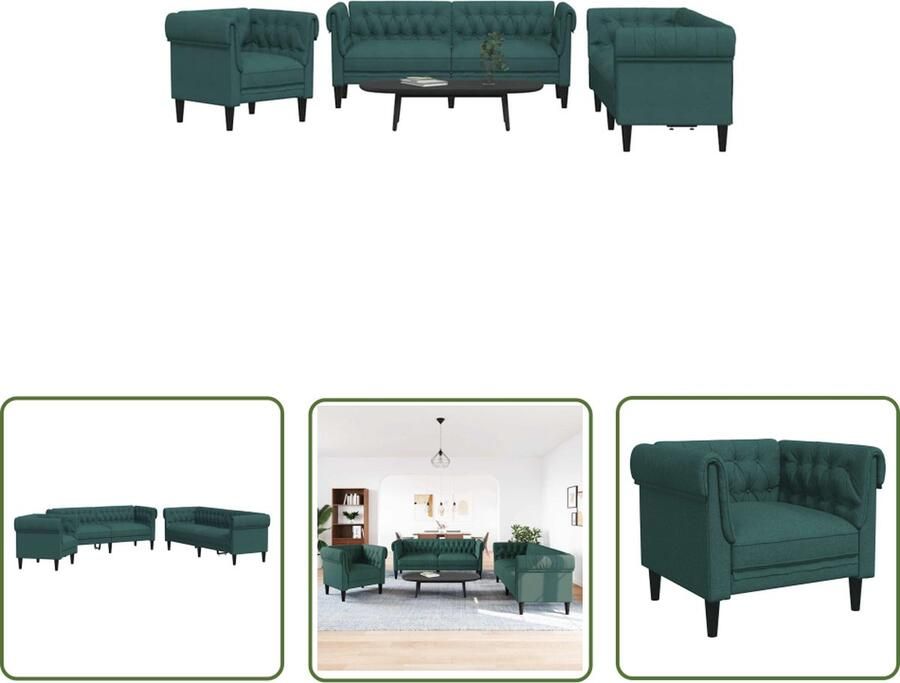 VidaXL The Living Store 3-delige Loungeset stof donkergroen Loungeset Bankstel Sofa Donkergroene Bank Velours Bank
