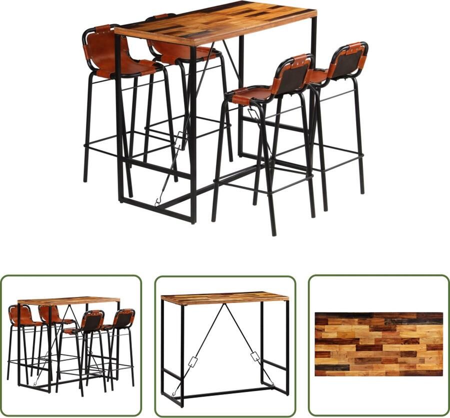 The Living Store Barset Vintage Stijl Massief gerecycled hout Geitenleer 120x60x106cm IndustriÃle Charme Barstoel Bartafel Industrieel Design Vintage Meubels Houten Bartafel