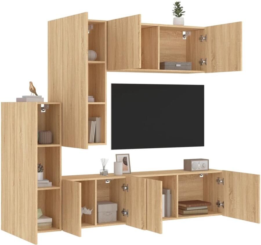 VidaXL The Living Store 5-delige Tv-wandmeubelset bewerkt hout sonoma eikenkleurig Tv-kast Woonkamerdecoratie Houten Tv-standaard Wandmontage Tv-meubel Opbergoplossing