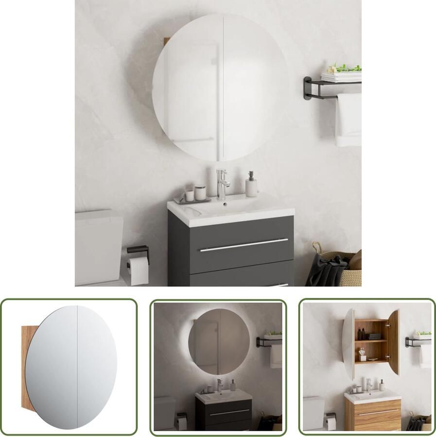 VidaXL The Living Store Badkamerkast met ronde spiegel en LED 47x47x17 5 cm eiken Badkamerkast Badkamerspiegel Led Verlichting Makeup Spiegel Opbergruimte
