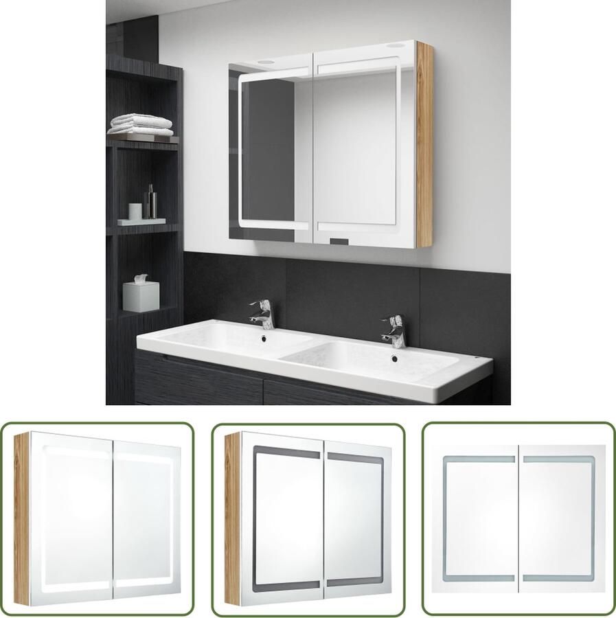 VidaXL The Living Store Badkamerkast met spiegel en LED 80x12x68 cm wit en eikenkleurig LED Badkamerspiegel Badkamerkast Met Spiegel Spiegelscherm Wandkast Led Verlichting Badkamer