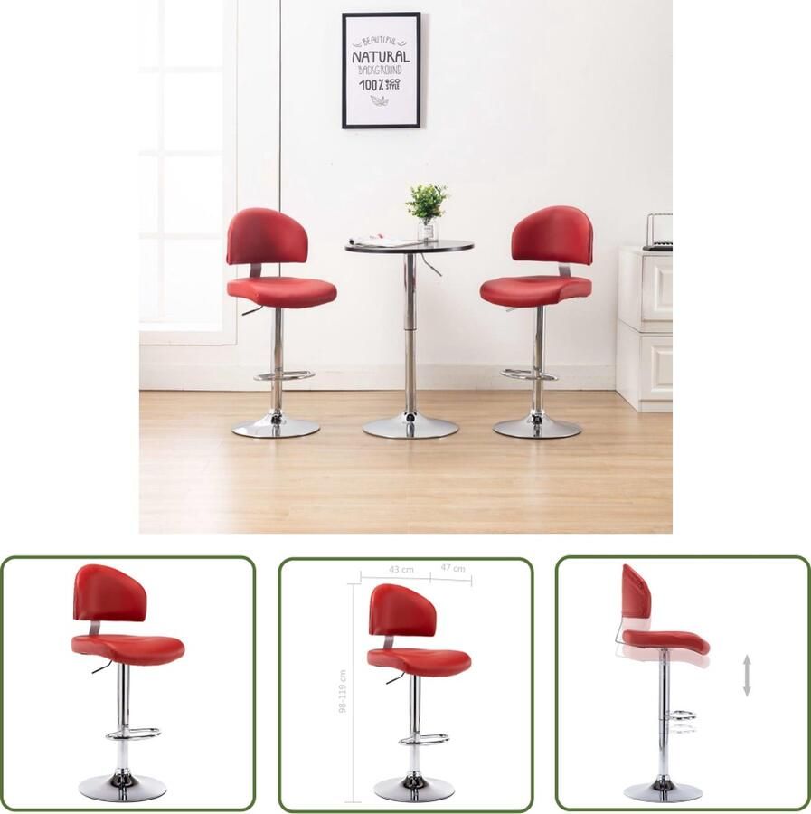 VidaXL The Living Store Barkruk wijnrood 43x47x(98-119)cm Kunstleer en verchroomd staal - Foto 2