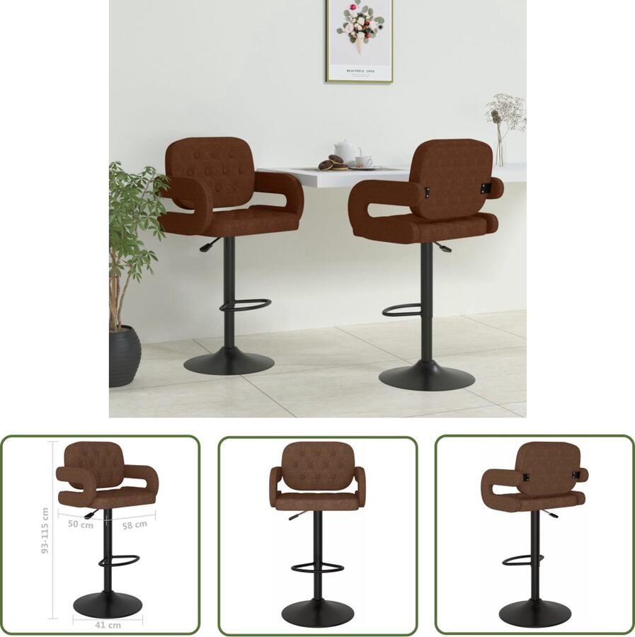 The Living Store Barkrukken Bruin Stof en Gepoedercoat Staal 58x50cm Draaibaar Gasveermechanisme Barstoel Barkruk Eetkamerstoel Hoge Stoel Comfortabele Stoel