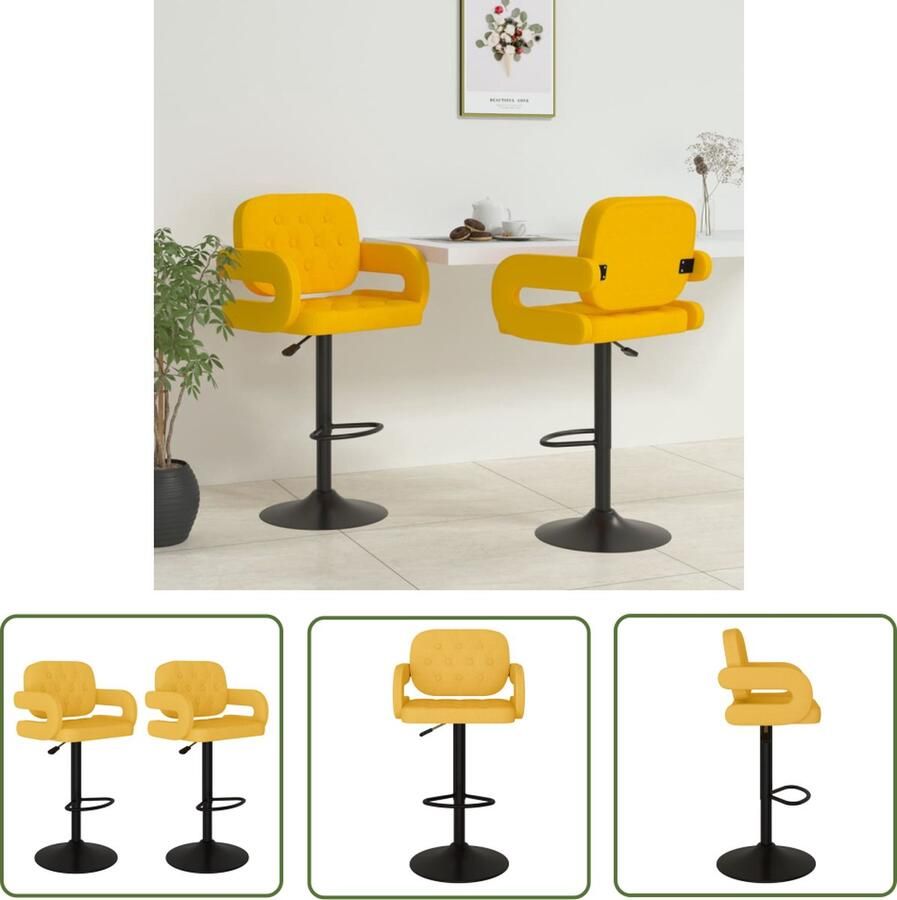 The Living Store Barkrukken Mosterdgeel Stof en gepoedercoat staal 58 x 50 x (93 115) cm Draaibaar Gasveer Voetensteun Montage vereist Set van 2 Barstoel Stoel Kruk Mustard Yellow Vintage - Foto 2